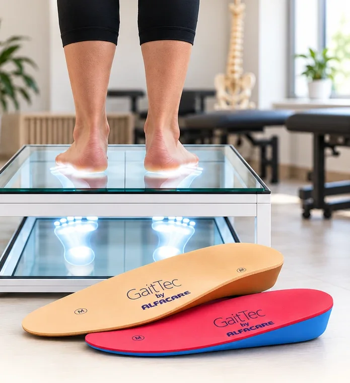 Pasient står på lyskasse under fotanalyse, med GaitTec Standard Duo og Sport Duo innleggssåler i forgrunnen